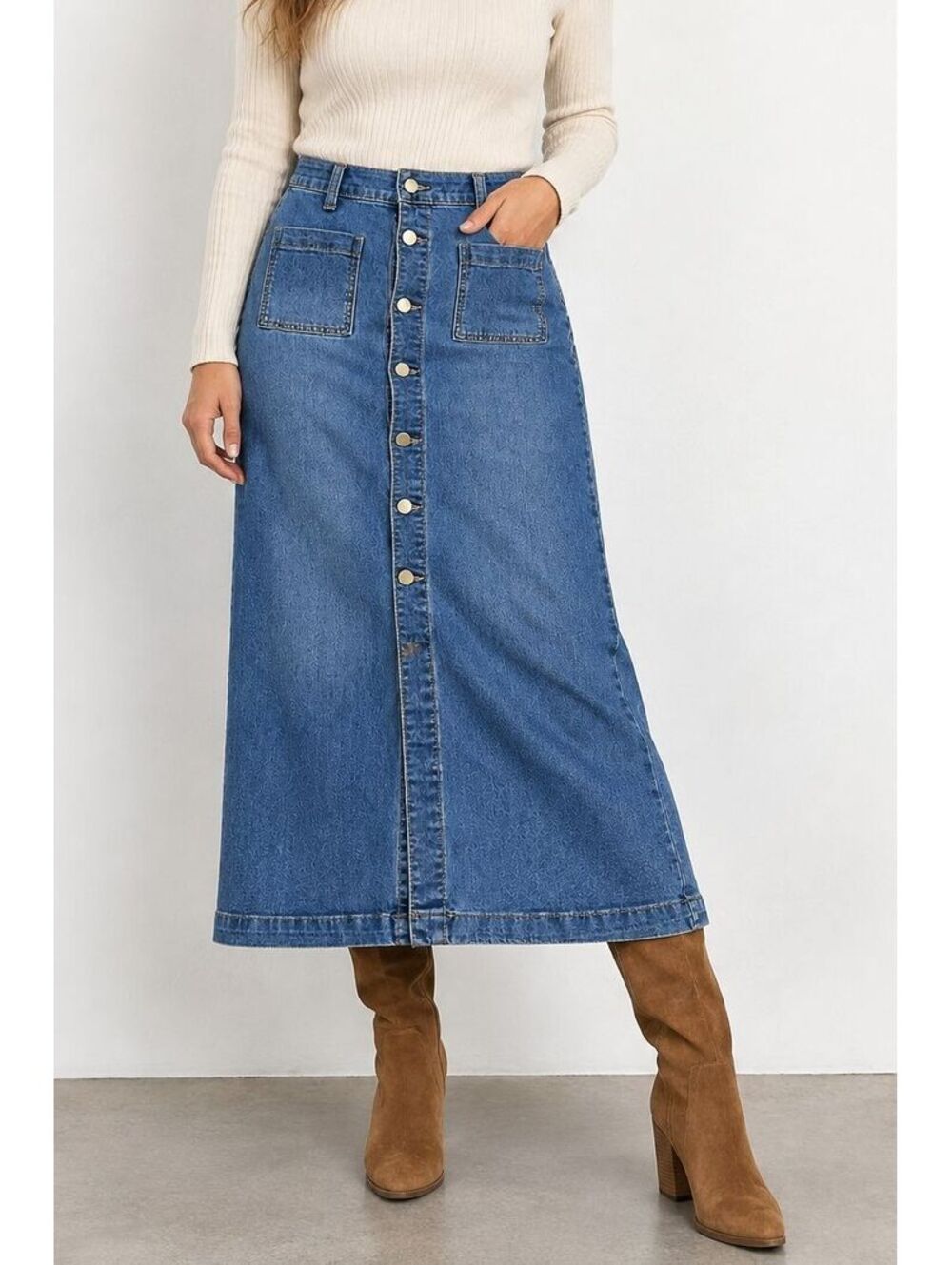 D. Jeans Button Front Denim Midi Skirt Women's 6 Blue REPREVE 90s Boho